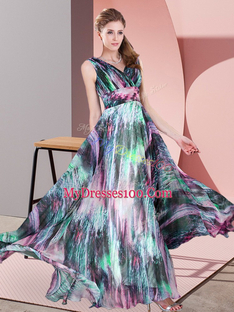 Cheap Multi-color Lace Up V-neck Pattern Prom Dresses Printed Sleeveless