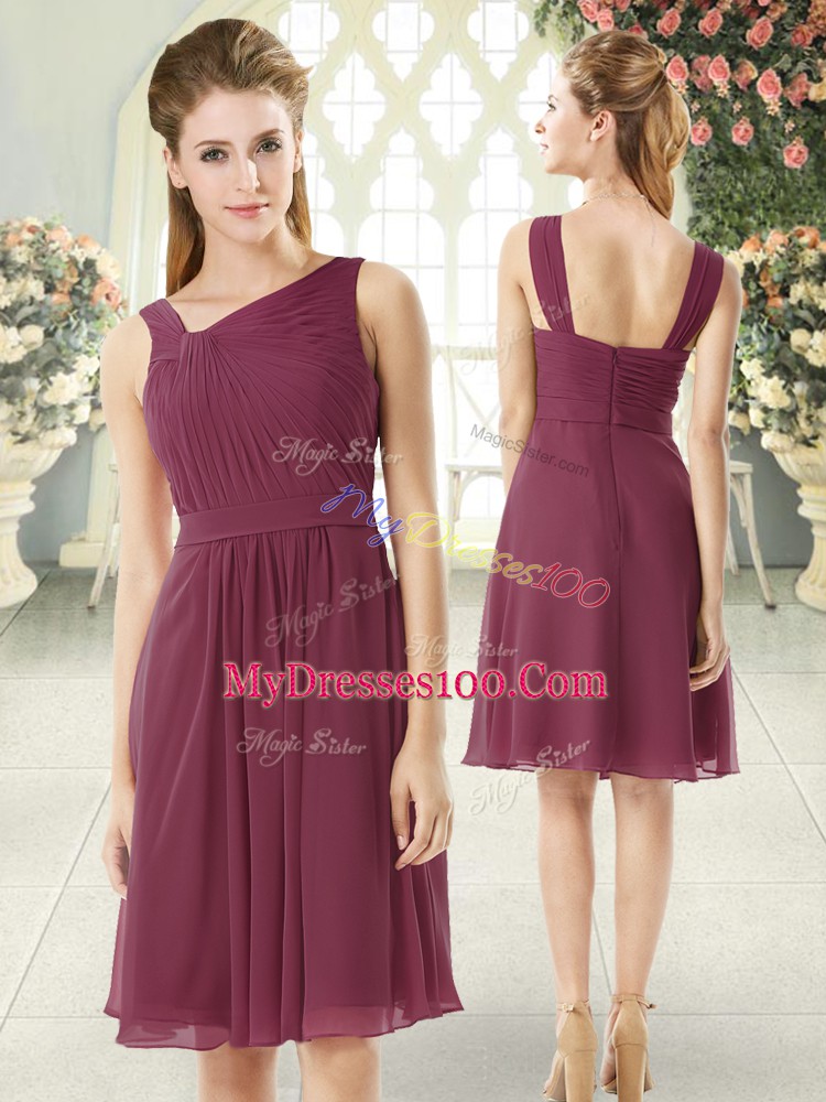 Beauteous Sleeveless Chiffon Knee Length Zipper Prom Dresses in Burgundy with Ruching