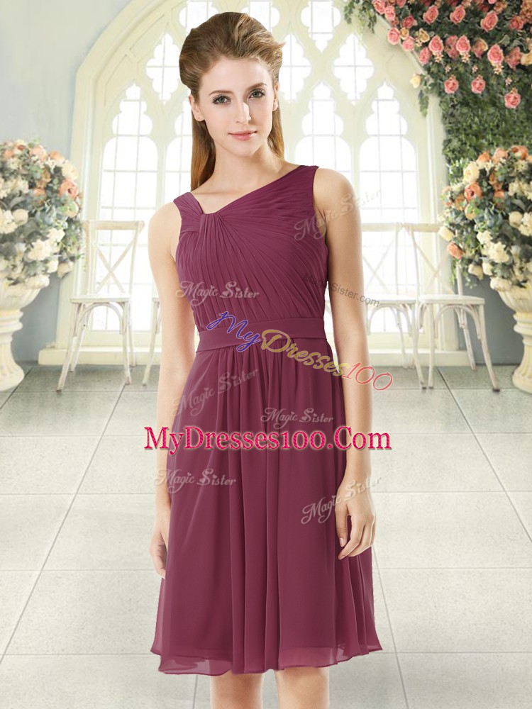Beauteous Sleeveless Chiffon Knee Length Zipper Prom Dresses in Burgundy with Ruching