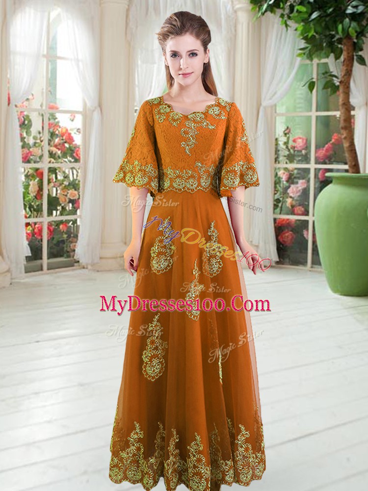 Stylish A-line Dress for Prom Orange Scalloped Tulle Half Sleeves Floor Length Lace Up