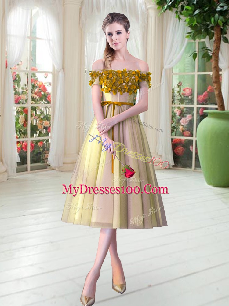 Captivating Gold A-line Tulle Off The Shoulder Sleeveless Appliques Tea Length Lace Up Prom Party Dress