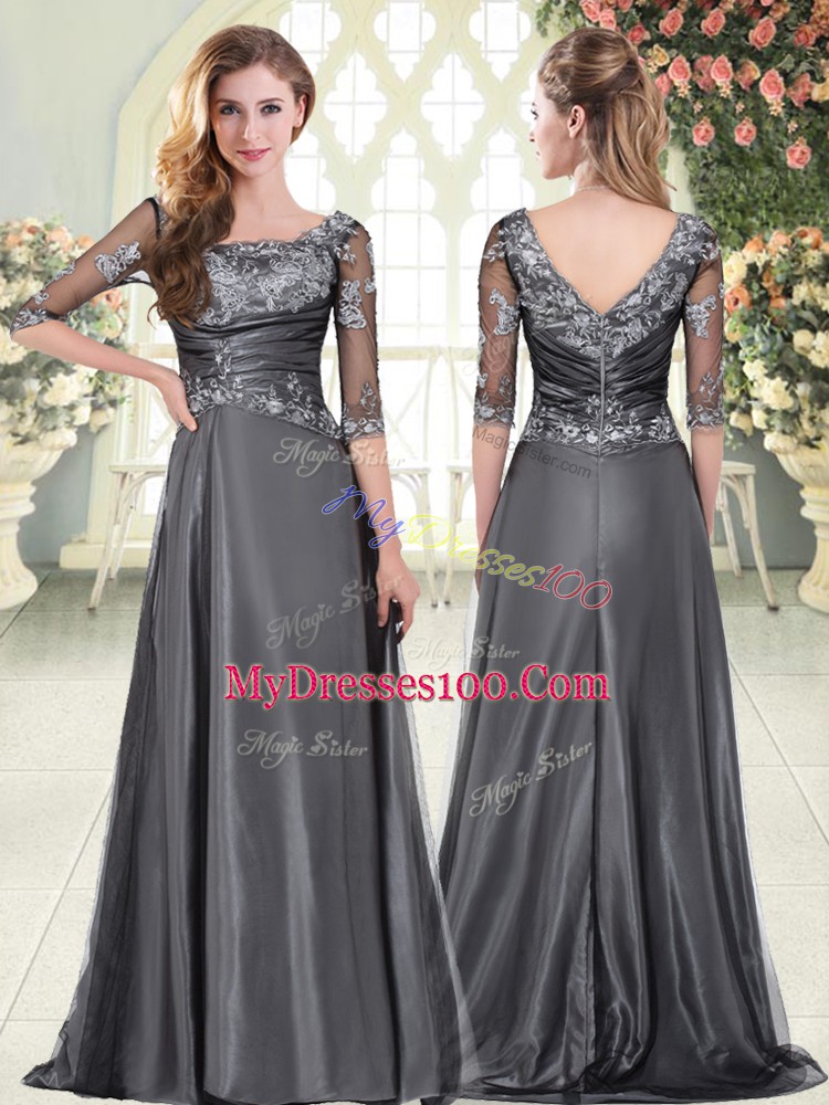 A-line Half Sleeves Grey Prom Gown Sweep Train Zipper