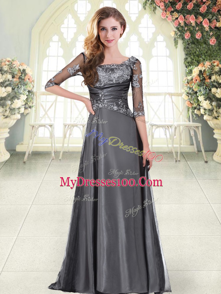 A-line Half Sleeves Grey Prom Gown Sweep Train Zipper