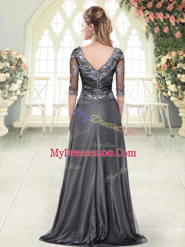 A-line Half Sleeves Grey Prom Gown Sweep Train Zipper