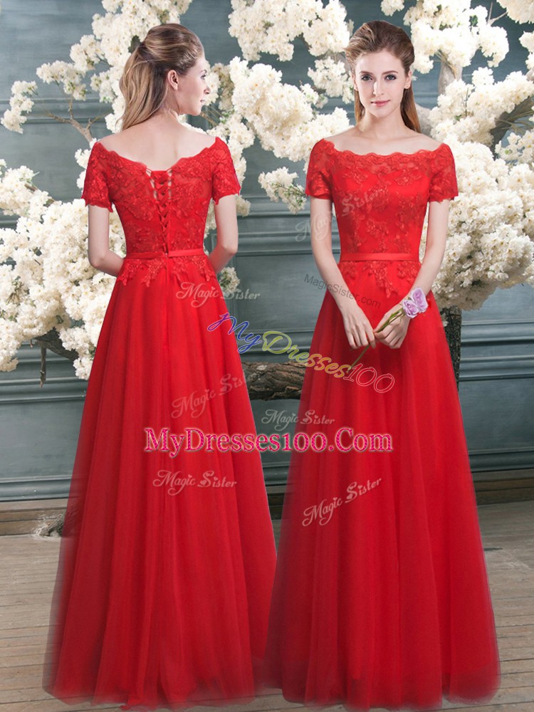 Red A-line Lace Homecoming Dress Lace Up Tulle Short Sleeves Floor Length