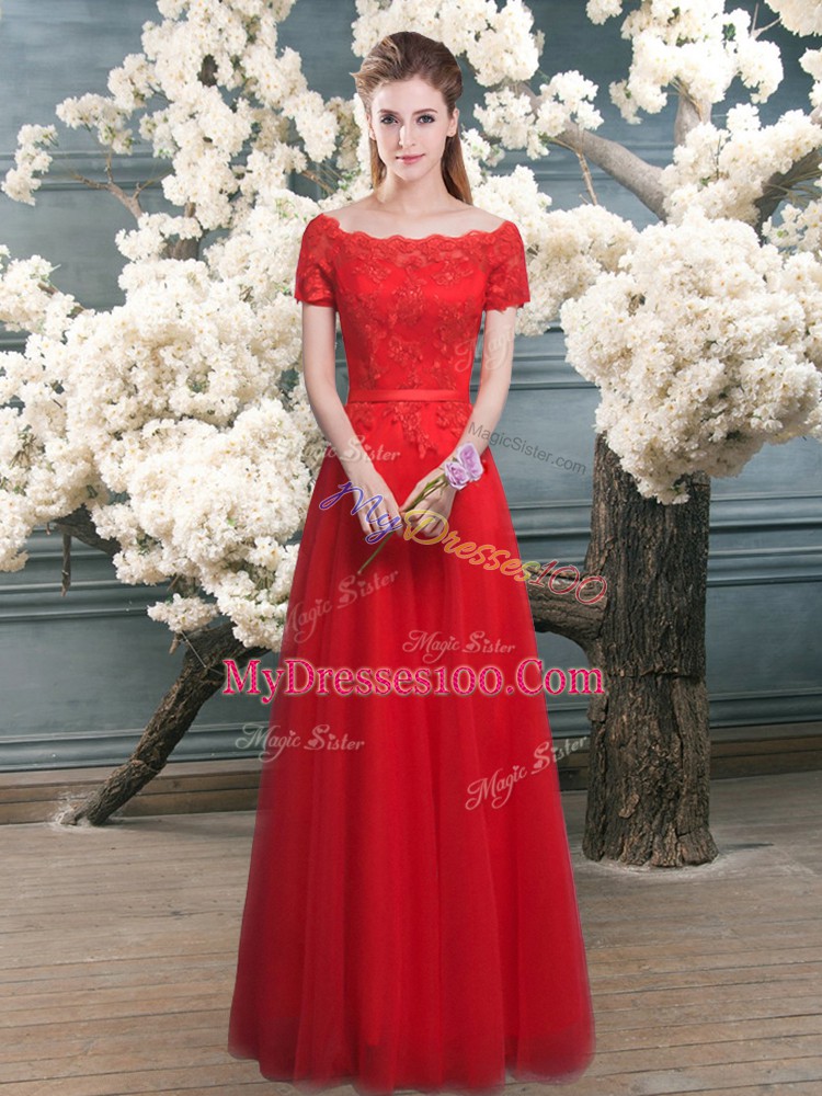 Red A-line Lace Homecoming Dress Lace Up Tulle Short Sleeves Floor Length