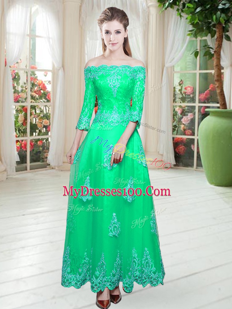 Floor Length Turquoise Evening Outfits Off The Shoulder 3 4 Length Sleeve Lace Up