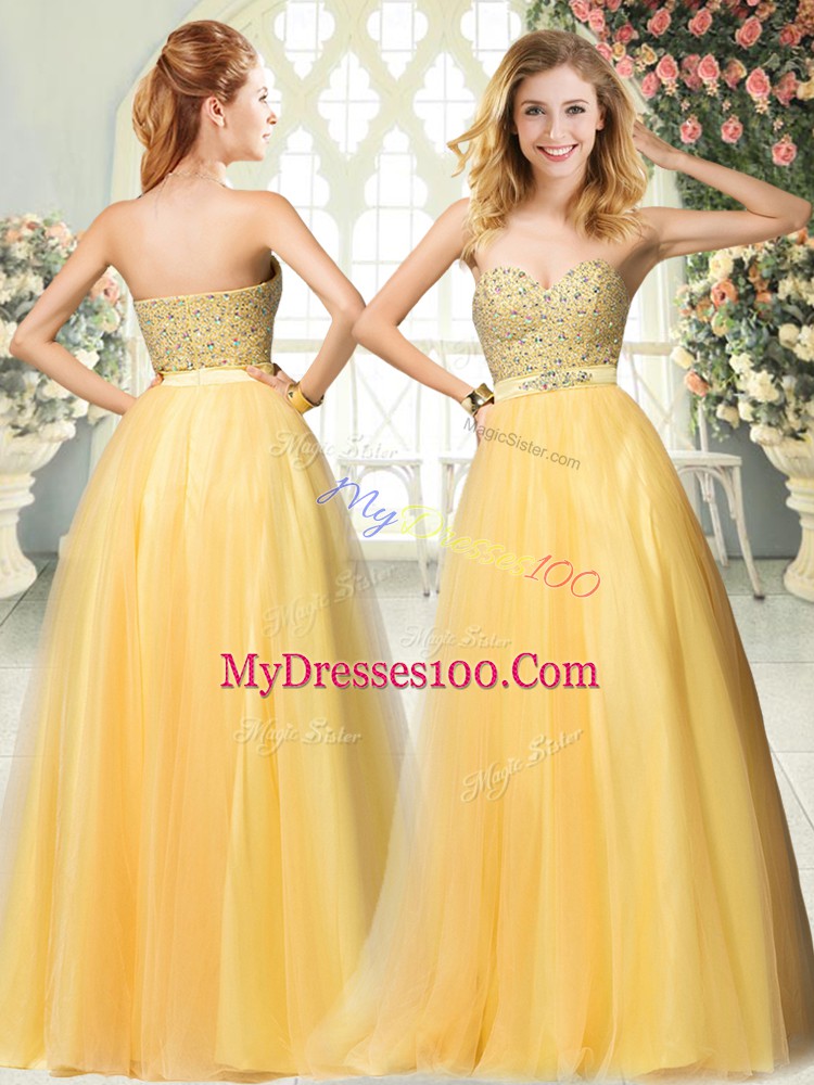 Gold A-line Sweetheart Sleeveless Tulle Floor Length Zipper Beading