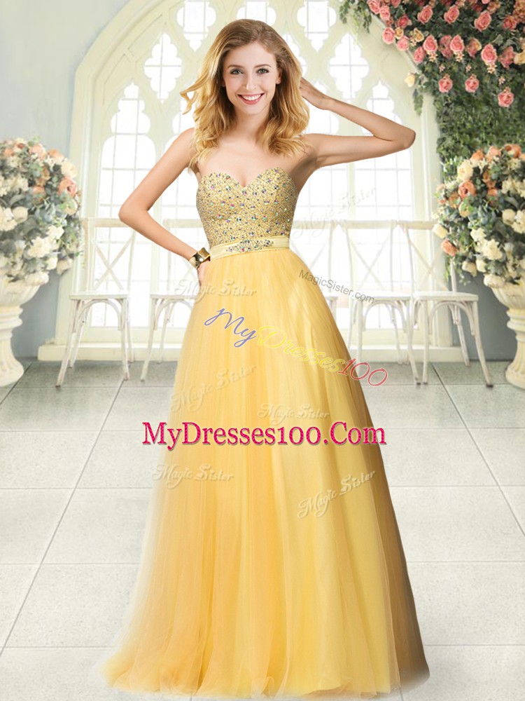 Gold A-line Sweetheart Sleeveless Tulle Floor Length Zipper Beading