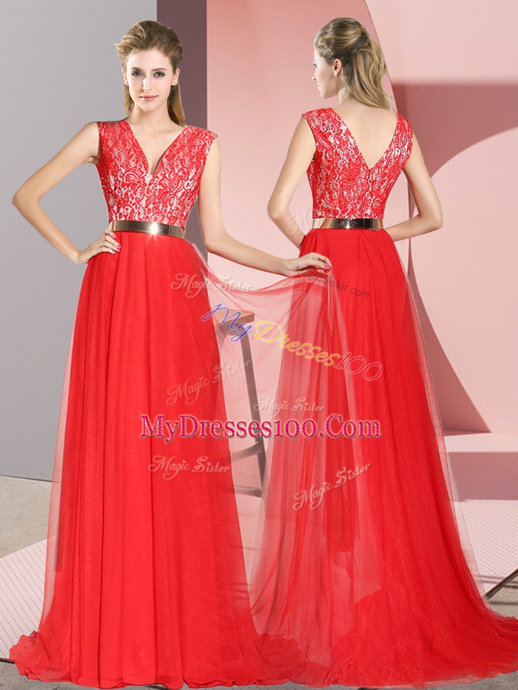 Exquisite Sleeveless Beading and Lace Zipper Prom Dresses with Red Sweep Train