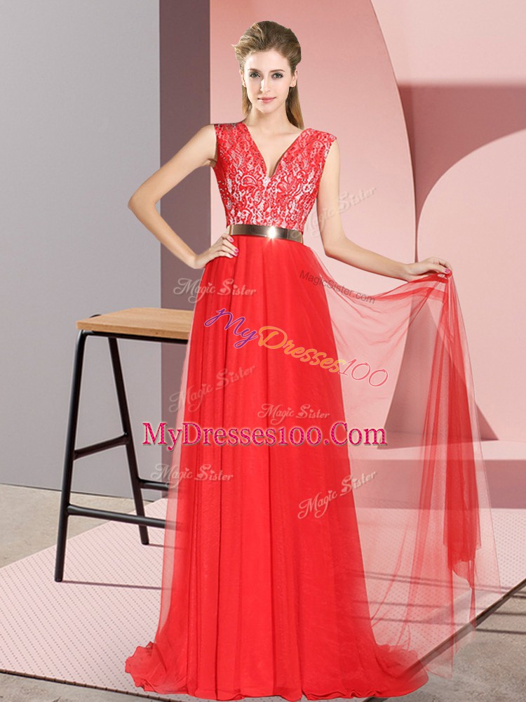 Exquisite Sleeveless Beading and Lace Zipper Prom Dresses with Red Sweep Train