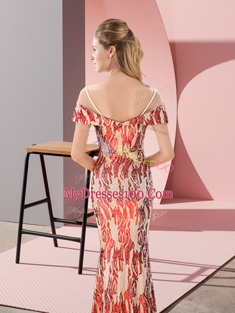 Fancy Cap Sleeves Floor Length Zipper Prom Evening Gown in Multi-color with Sequins