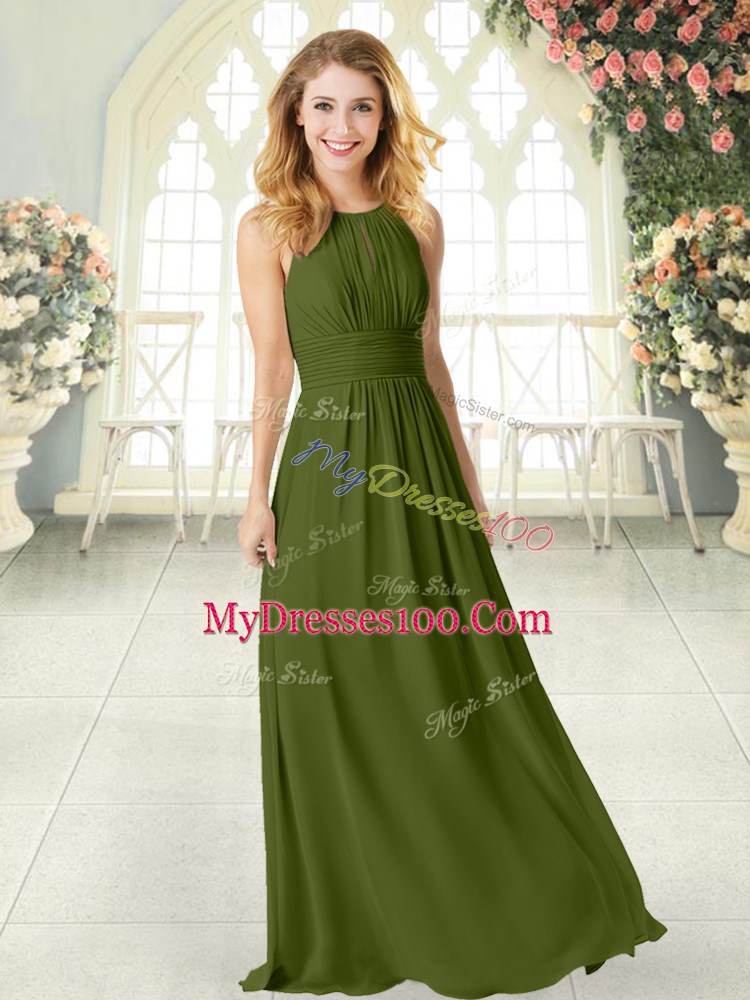 Sexy Olive Green Zipper Scoop Ruching Chiffon Sleeveless