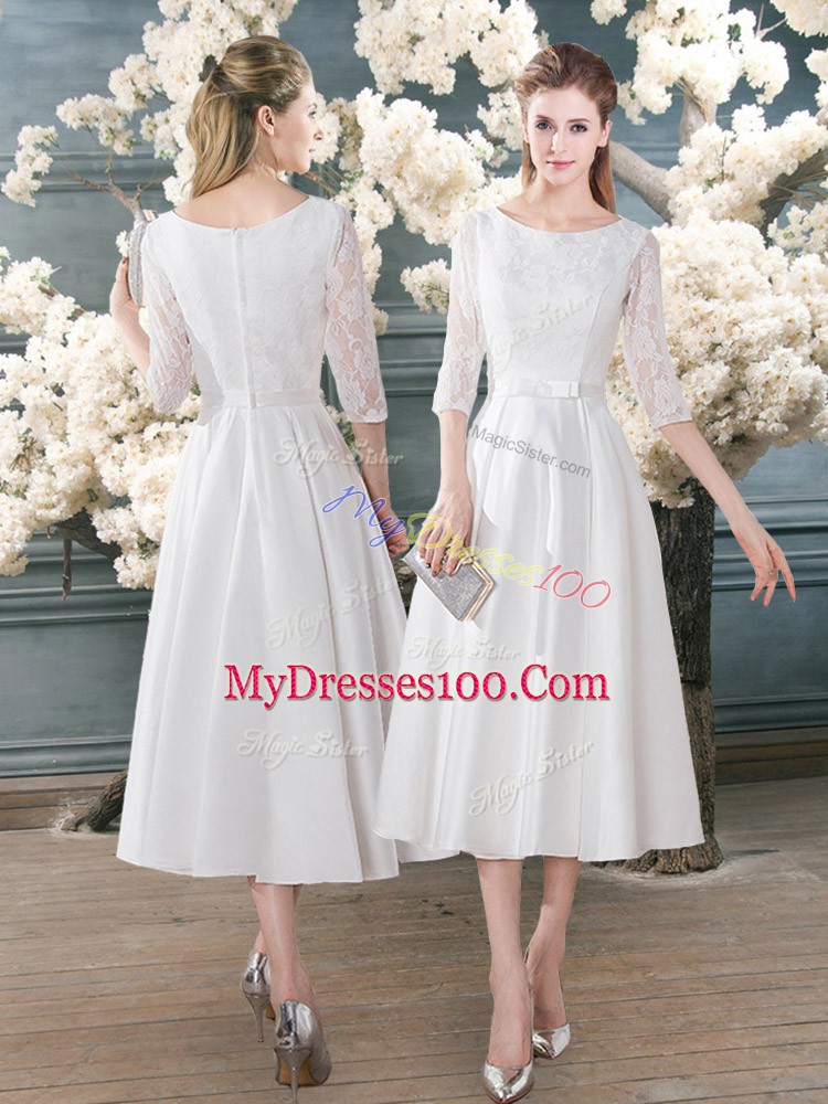 Fashionable Scoop 3 4 Length Sleeve Zipper Evening Dress White Satin
