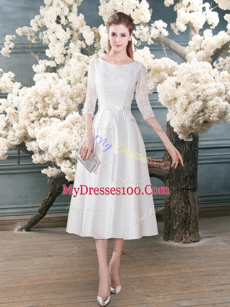 Fashionable Scoop 3 4 Length Sleeve Zipper Evening Dress White Satin