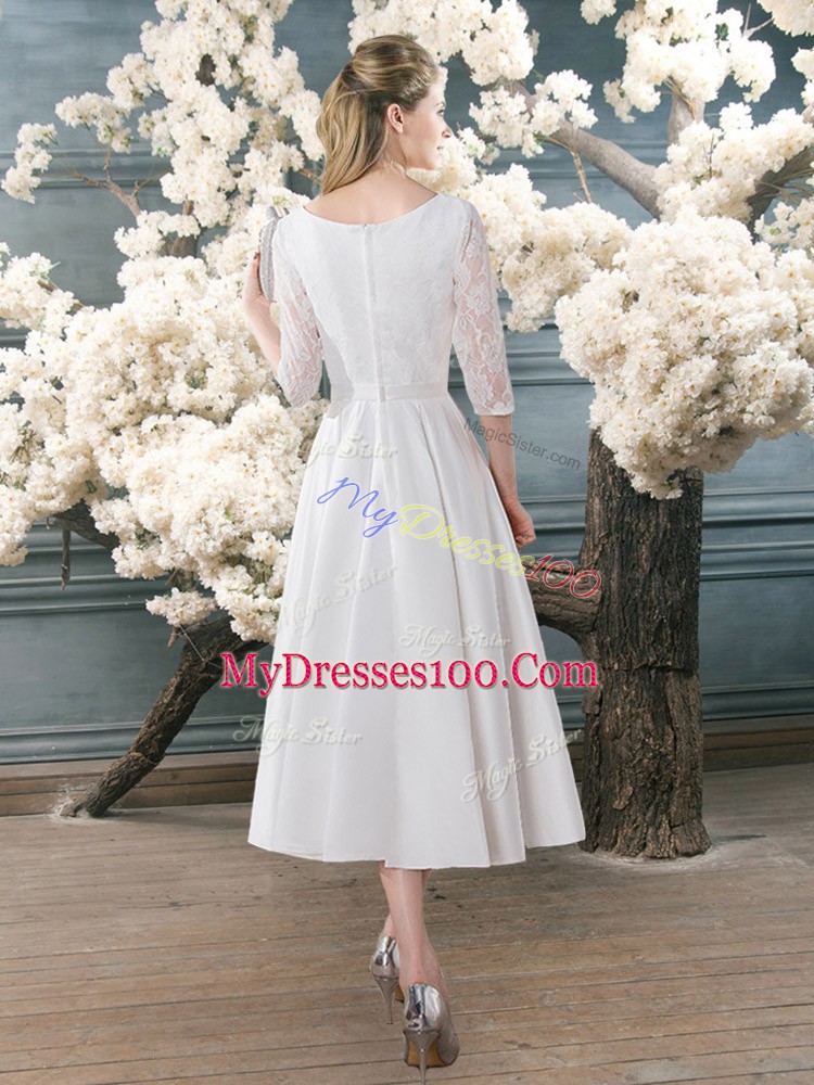 Fashionable Scoop 3 4 Length Sleeve Zipper Evening Dress White Satin