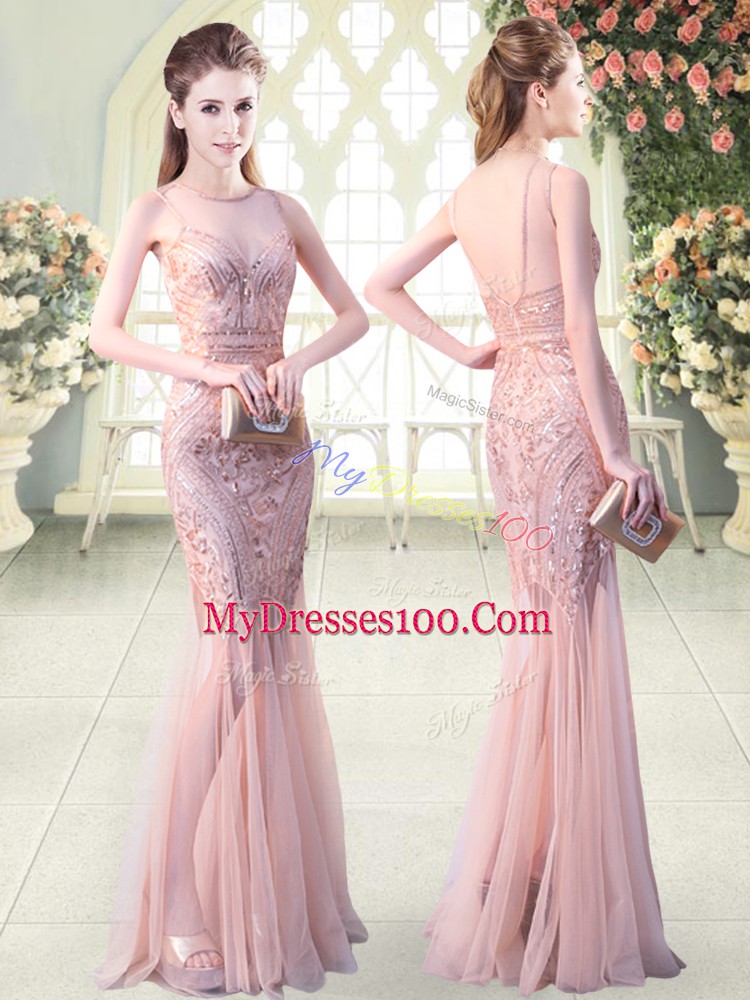Floor Length Pink Prom Gown Tulle Sleeveless Sequins