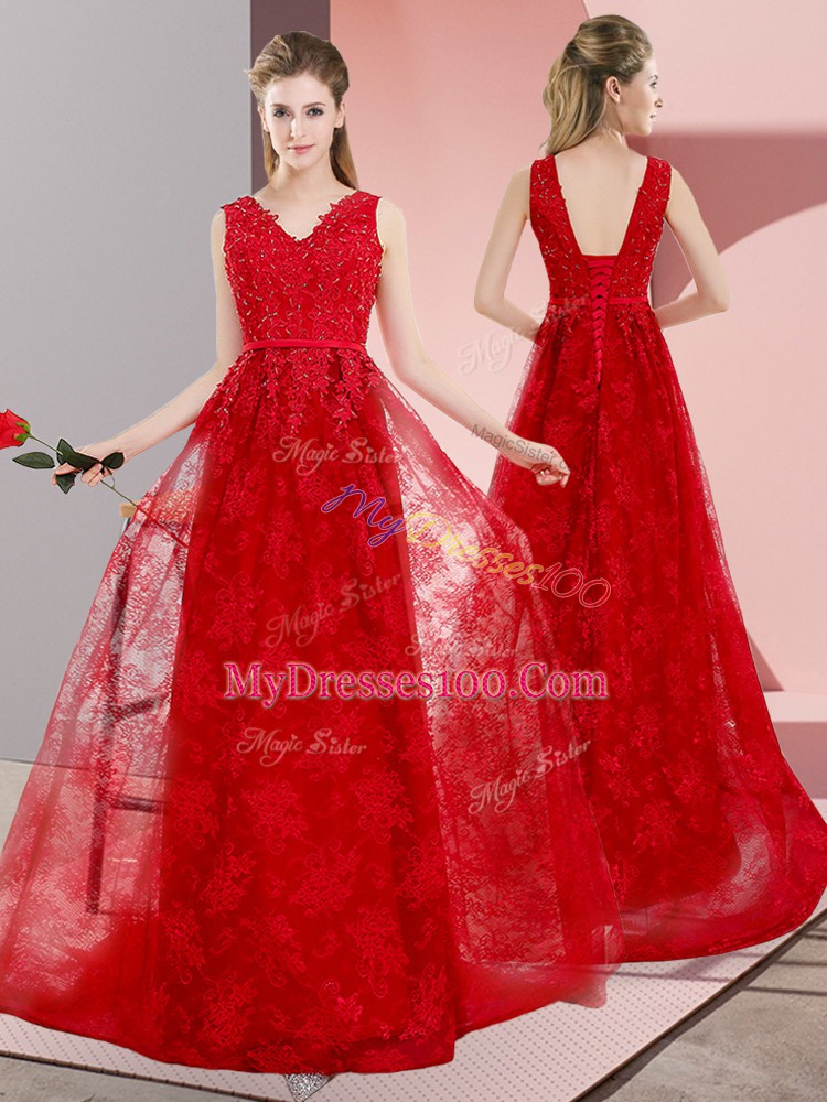 Extravagant Lace V-neck Sleeveless Sweep Train Lace Up Beading Formal Evening Gowns in Red