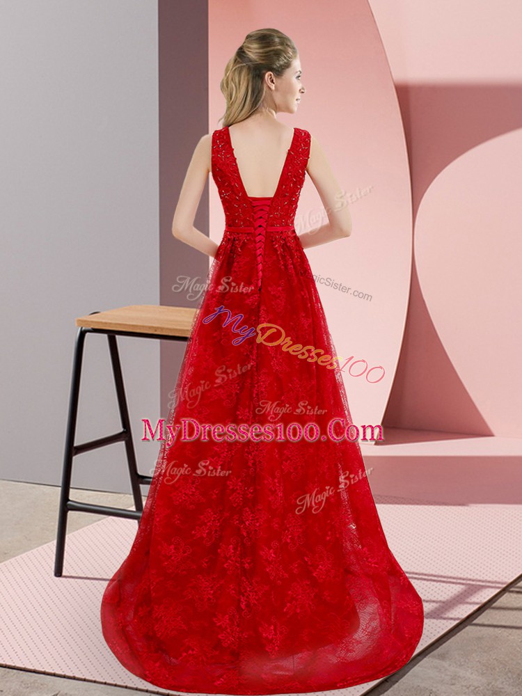 Extravagant Lace V-neck Sleeveless Sweep Train Lace Up Beading Formal Evening Gowns in Red