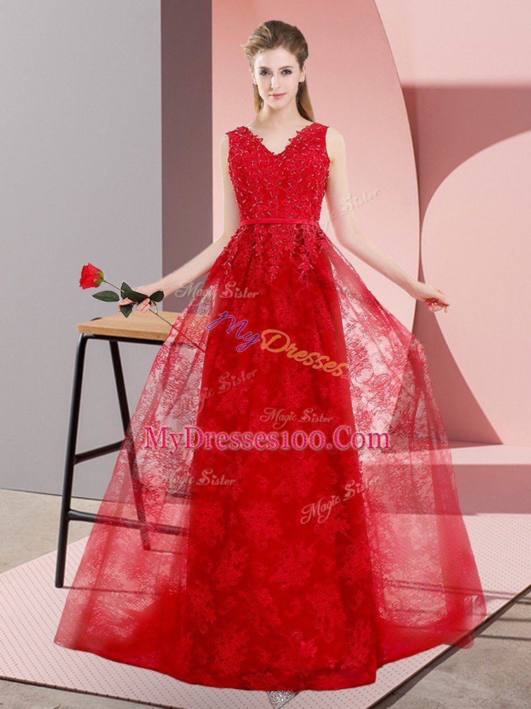 Extravagant Lace V-neck Sleeveless Sweep Train Lace Up Beading Formal Evening Gowns in Red