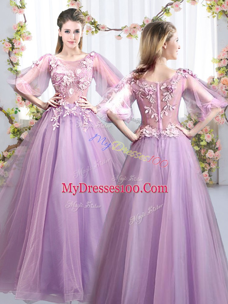 Modest Floor Length Lavender Bridesmaid Dresses Scoop Half Sleeves Zipper