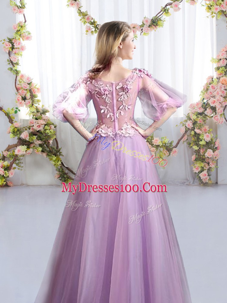 Modest Floor Length Lavender Bridesmaid Dresses Scoop Half Sleeves Zipper