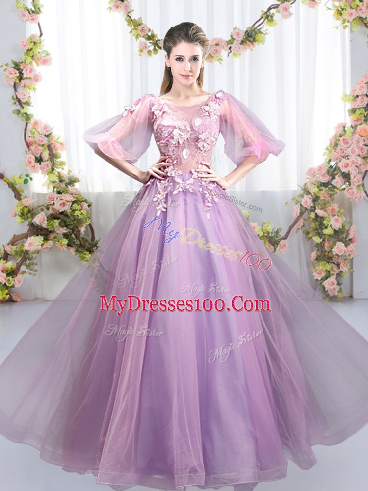 Modest Floor Length Lavender Bridesmaid Dresses Scoop Half Sleeves Zipper