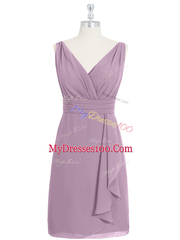 Nice Knee Length Zipper Prom Evening Gown Purple for Prom and Party and Military Ball with Ruching