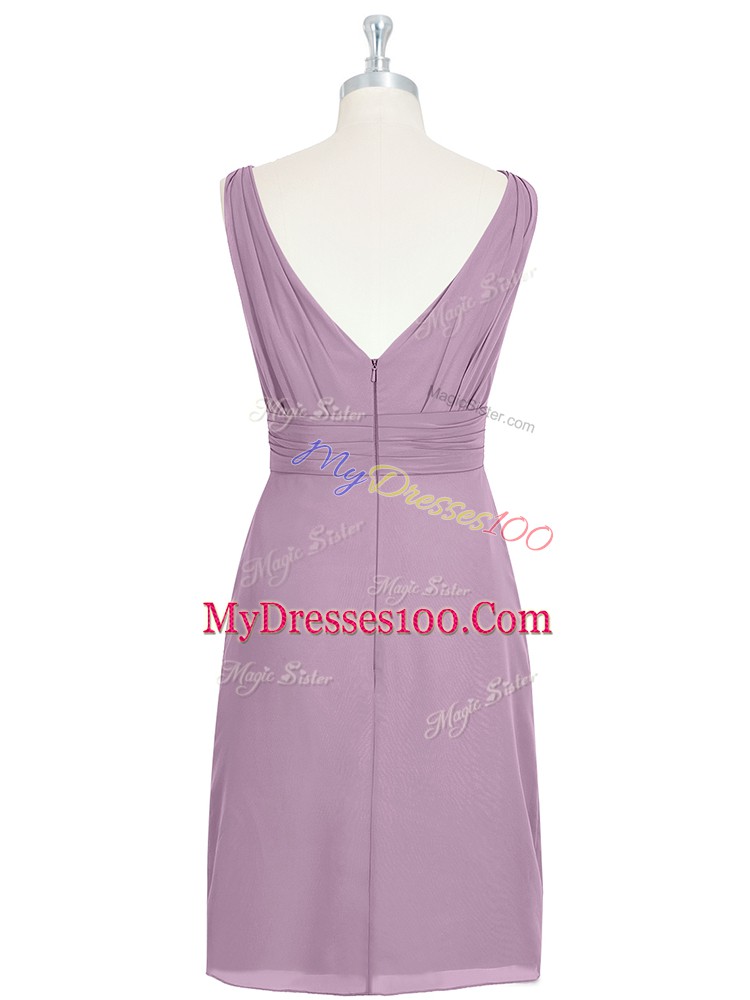 Nice Knee Length Zipper Prom Evening Gown Purple for Prom and Party and Military Ball with Ruching