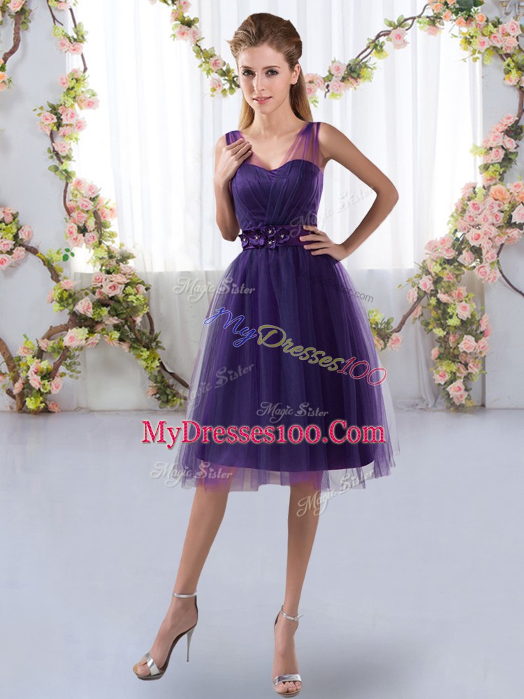 Empire Dama Dress for Quinceanera Purple V-neck Tulle Sleeveless Knee Length Zipper