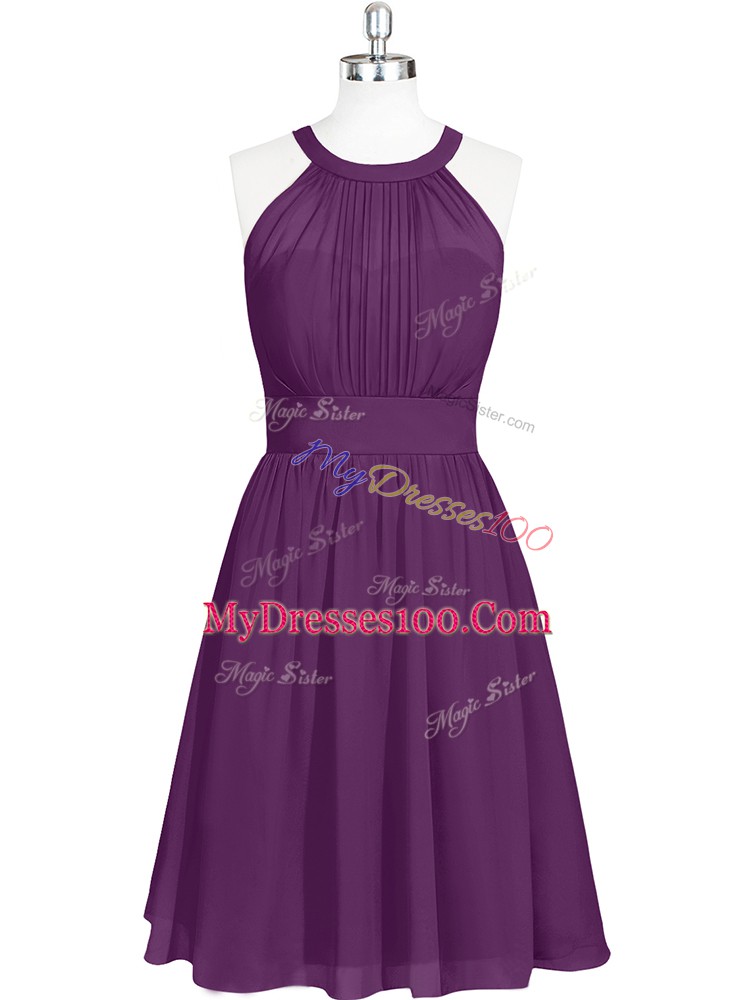 Chiffon Halter Top Sleeveless Zipper Ruching Prom Party Dress in Purple