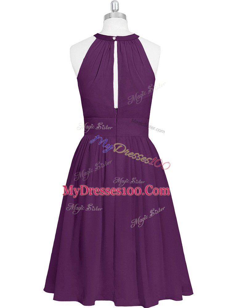 Chiffon Halter Top Sleeveless Zipper Ruching Prom Party Dress in Purple