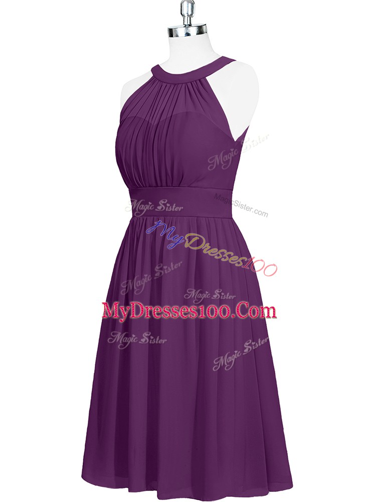 Chiffon Halter Top Sleeveless Zipper Ruching Prom Party Dress in Purple