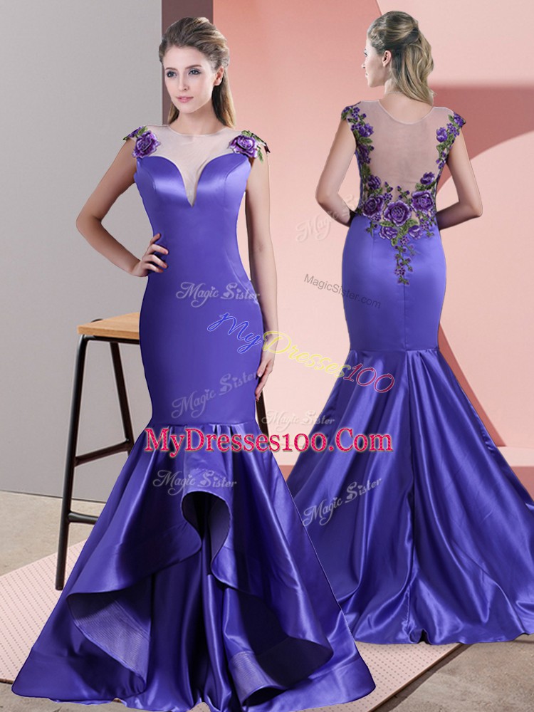 Chic Purple Mermaid Scoop Sleeveless Satin Sweep Train Side Zipper Beading and Appliques Evening Dress
