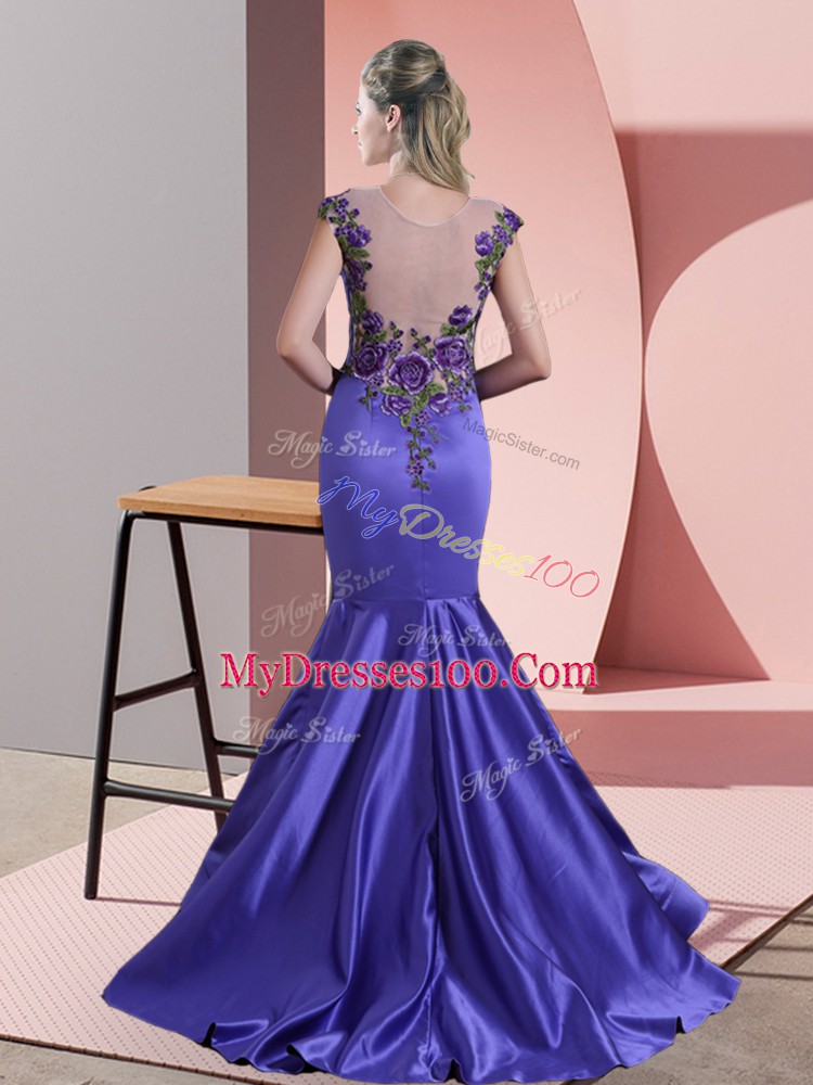 Chic Purple Mermaid Scoop Sleeveless Satin Sweep Train Side Zipper Beading and Appliques Evening Dress