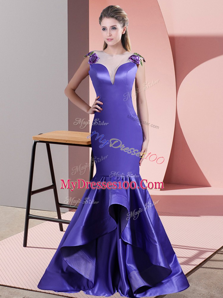 Chic Purple Mermaid Scoop Sleeveless Satin Sweep Train Side Zipper Beading and Appliques Evening Dress