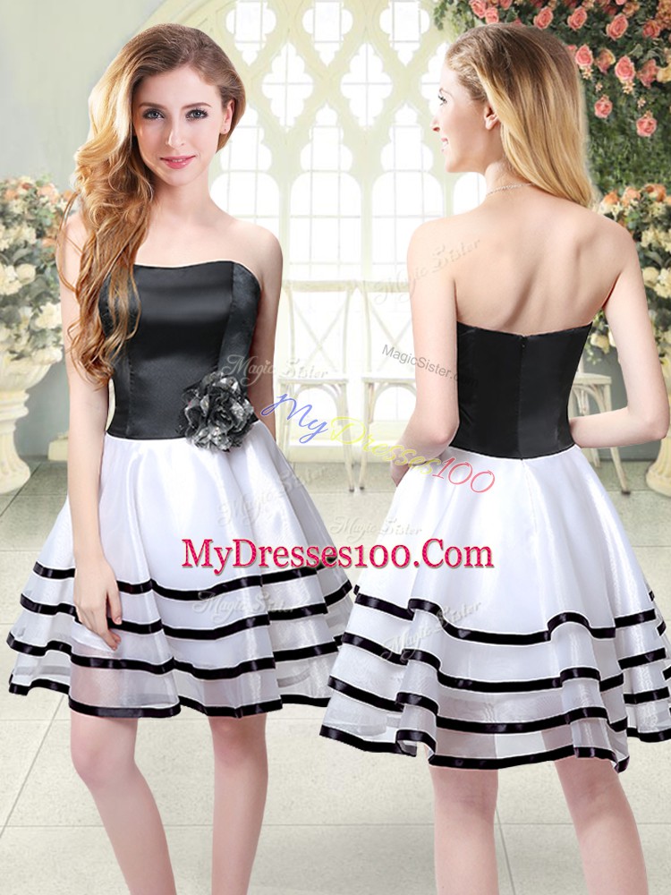 Fashionable Mini Length White And Black Homecoming Dress Organza Sleeveless Ruffled Layers and Hand Made Flower