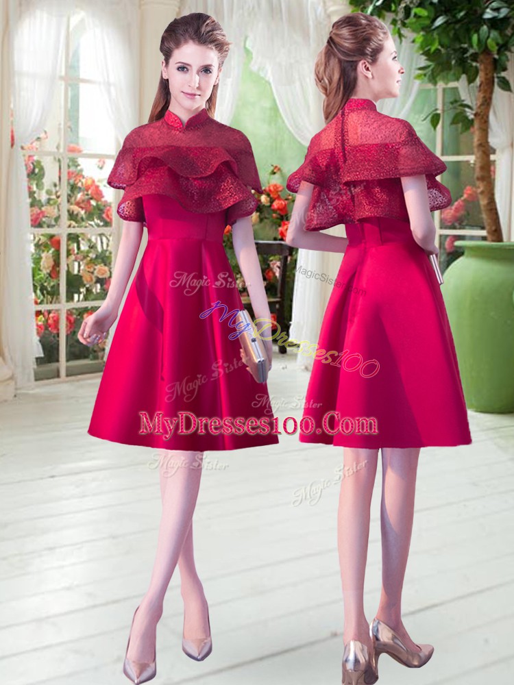 A-line Formal Dresses Red High-neck Satin Short Sleeves Knee Length Zipper