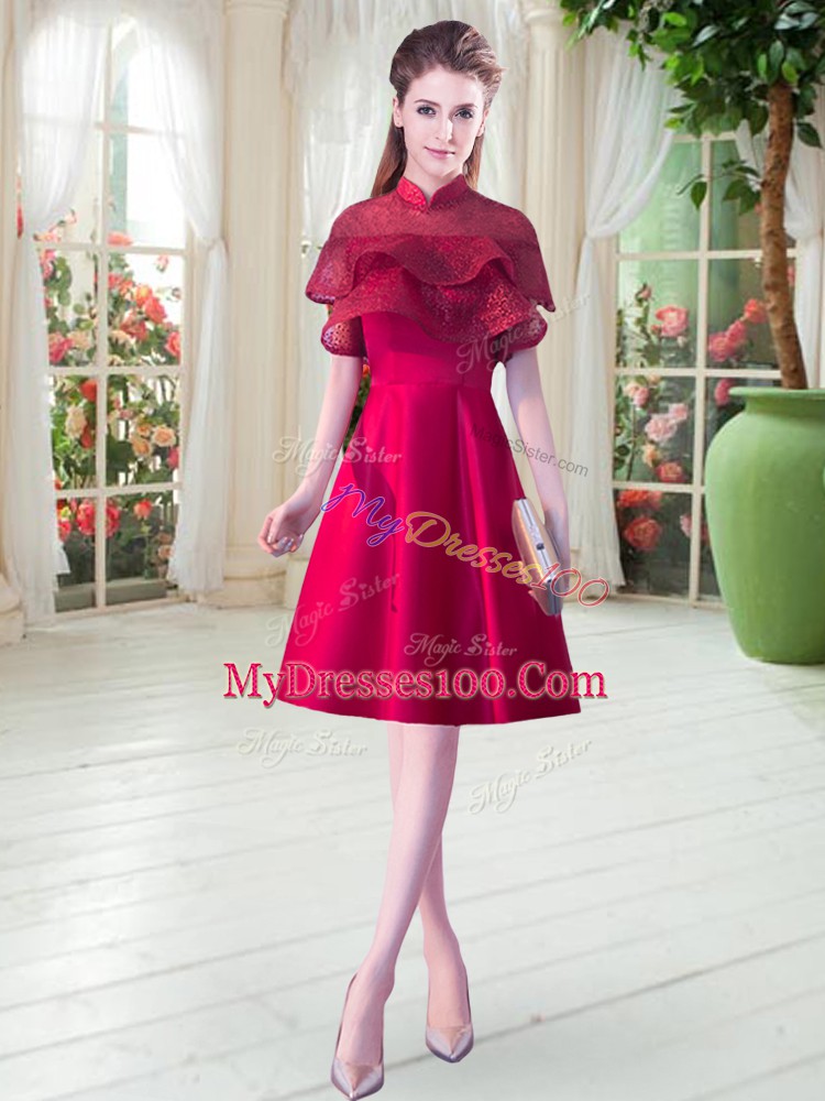 A-line Formal Dresses Red High-neck Satin Short Sleeves Knee Length Zipper