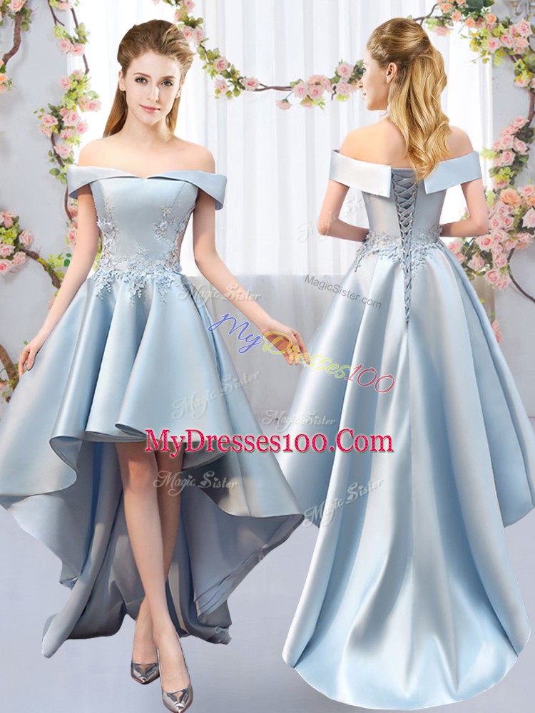 Light Blue Satin Lace Up Vestidos de Damas Sleeveless High Low Appliques