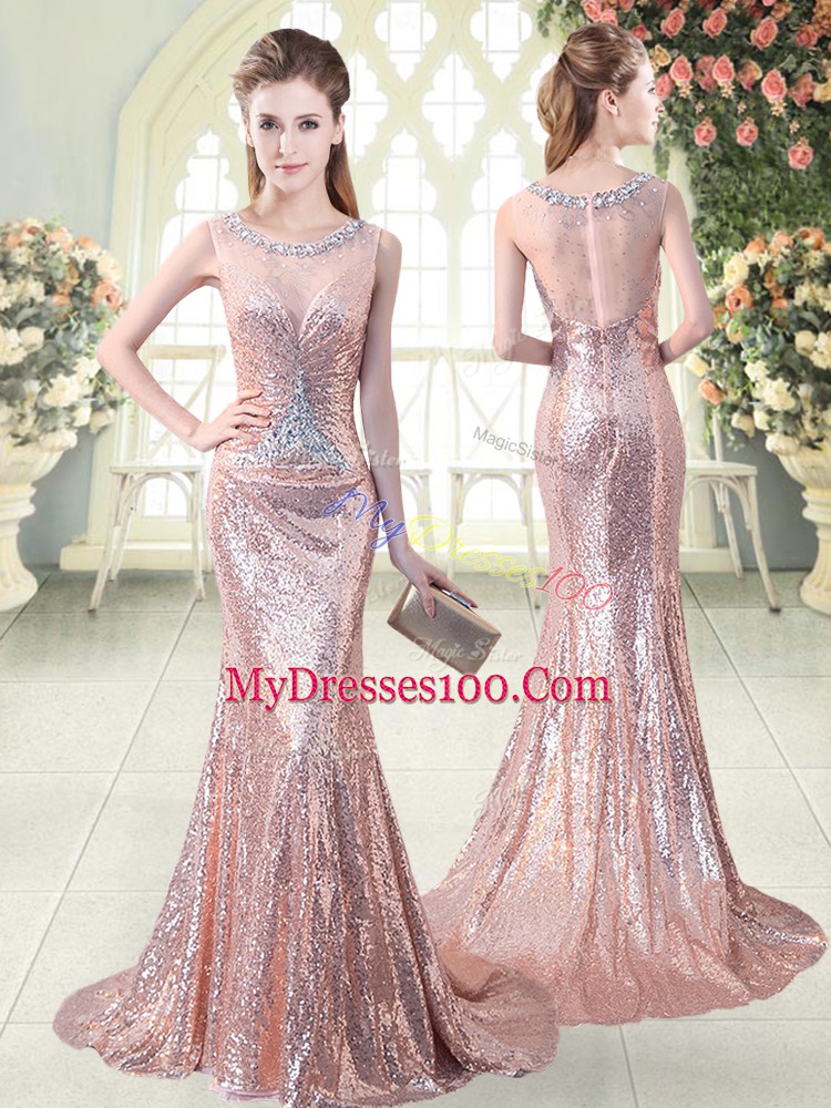 Superior Sequined Scoop Sleeveless Brush Train Zipper Beading Prom Evening Gown in Pink