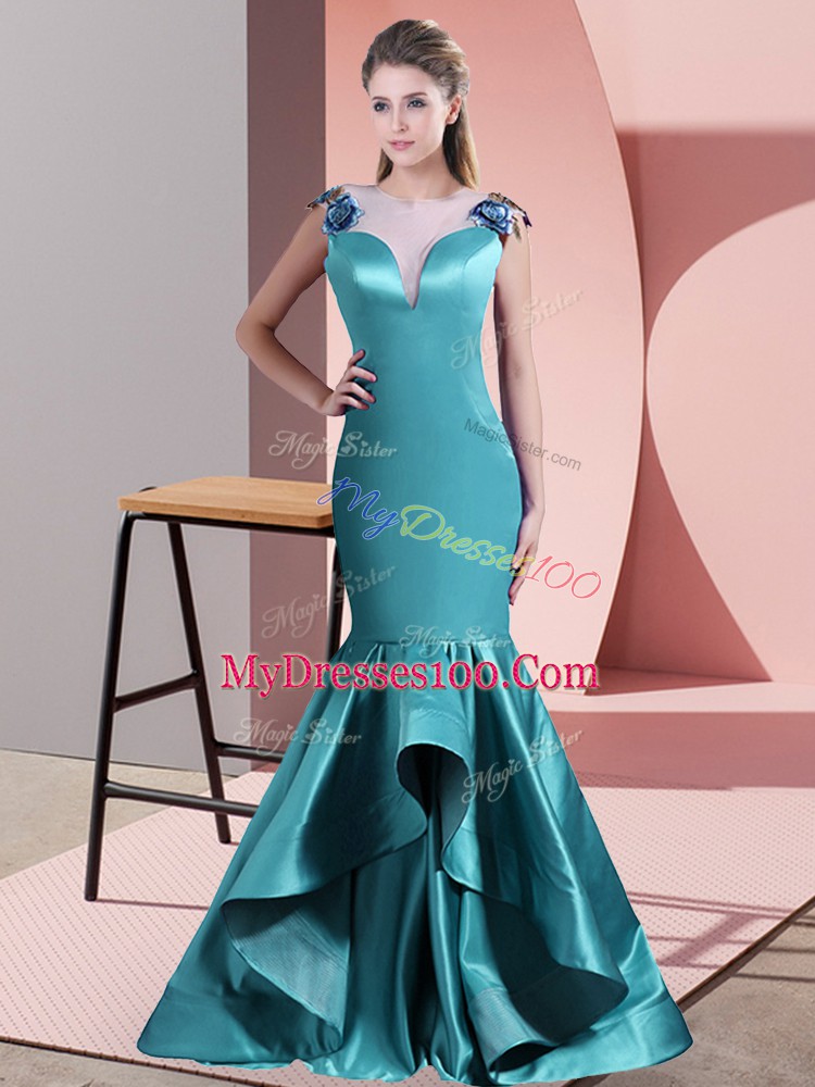 Spectacular Scoop Sleeveless Prom Gown Sweep Train Beading and Lace Teal Satin