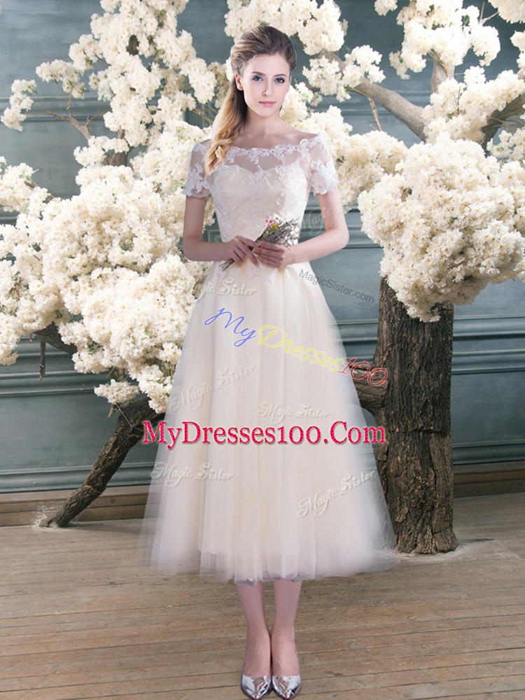 Best Tea Length White Prom Party Dress Scalloped Short Sleeves Lace Up