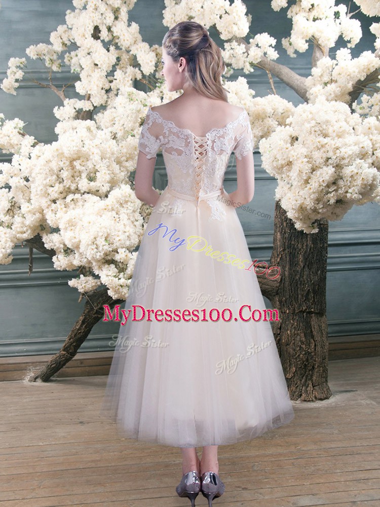 Best Tea Length White Prom Party Dress Scalloped Short Sleeves Lace Up