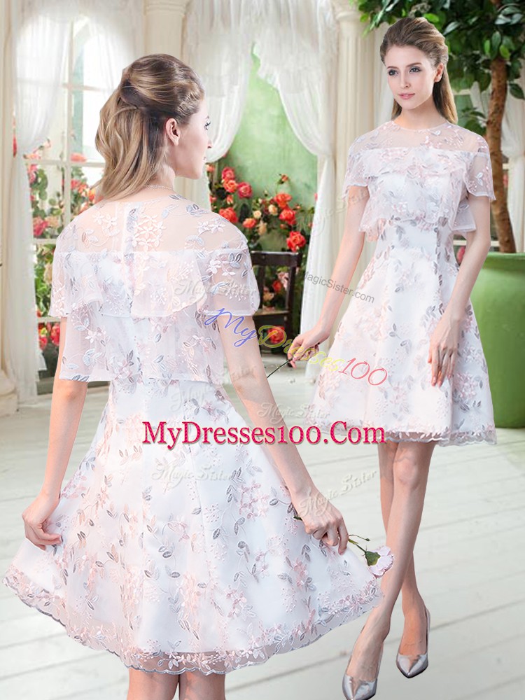 White Short Sleeves Mini Length Lace Zipper