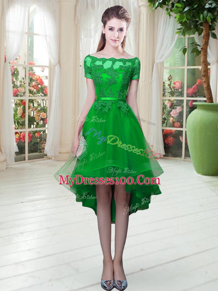 Custom Fit High Low Lace Up Evening Dress Green for Prom and Party with Appliques