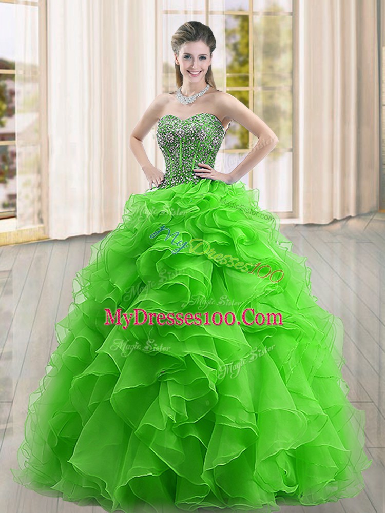 Floor Length Lace Up Ball Gown Prom Dress Green for Military Ball and Sweet 16 and Quinceanera with Beading and Ruffles