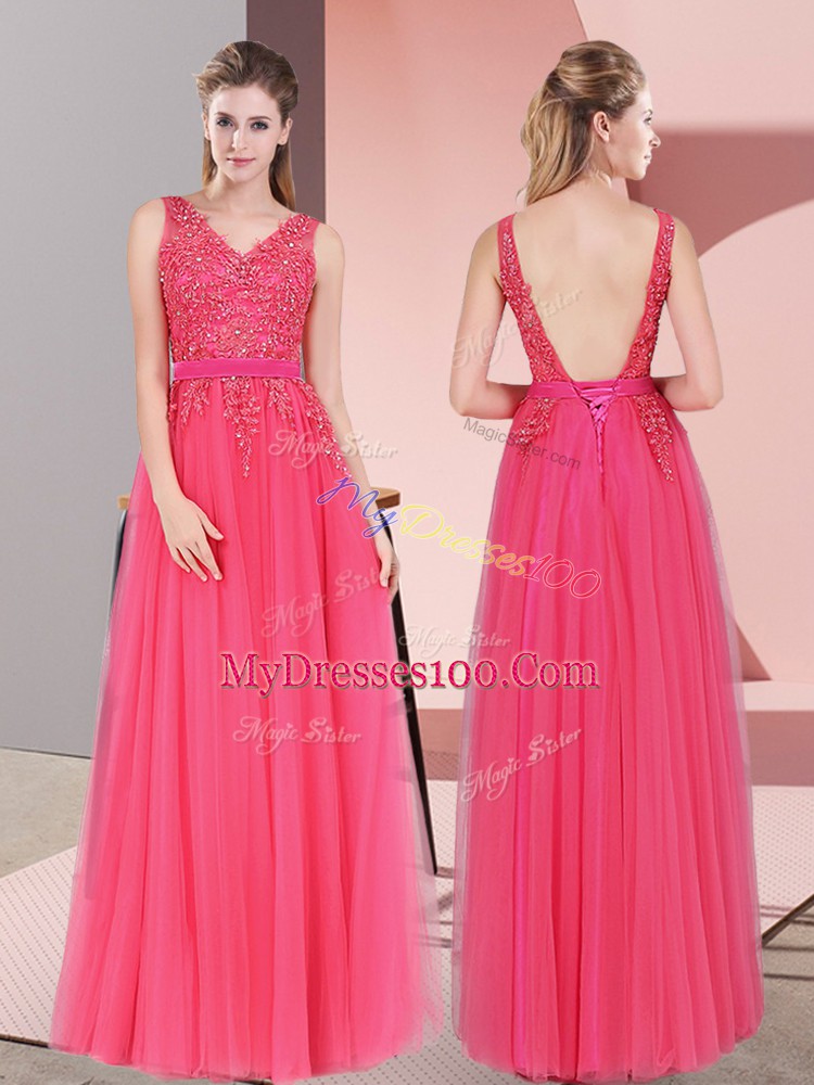Hot Pink Empire Lace Prom Gown Backless Tulle Sleeveless Floor Length