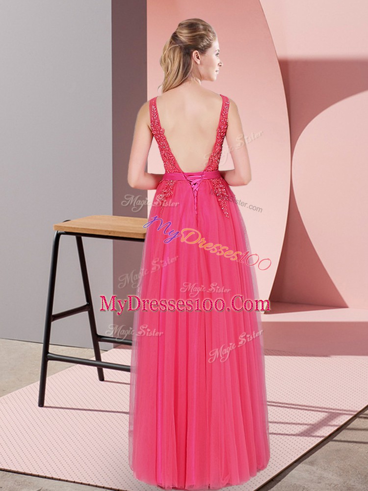 Hot Pink Empire Lace Prom Gown Backless Tulle Sleeveless Floor Length
