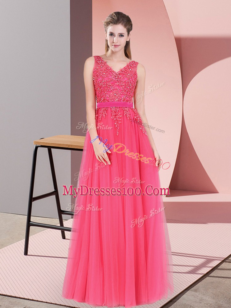 Hot Pink Empire Lace Prom Gown Backless Tulle Sleeveless Floor Length